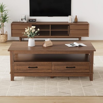 Farmhouse Coffee Table with Drawers, 47.2" Center Table Rustic Coffee Tables with Open Shelf, 6 Support Legs for Home Office Brown