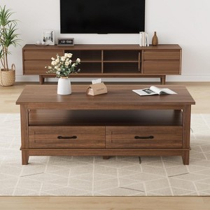 Farmhouse Coffee Table with Drawers, 47.2" Center Table Rustic Coffee Tables with Open Shelf, 6 Support Legs for Home Office Brown - 1 of 4