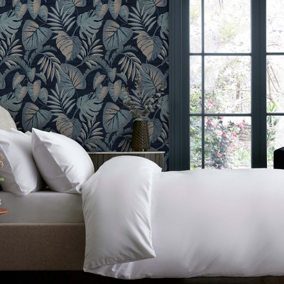 Navy Blue Tropical Leaves Removable Wallpaper Sample