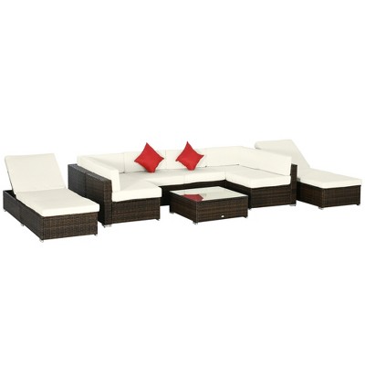 Outsunny 9-Piece Outdoor Patio Sectional Furniture Set, Cushions, Pillows, 2 Reclining Chaise, Outdoor Coffee Table, Wicker Sofa Set, Cushions, Beige