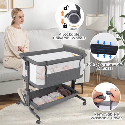 Infans Baby Bassinet Bedside Sleeper, Easy Folding Portable Crib with Wheels, 6 Adjustable Heights, Storage, Mattress & Carry Bag, Gray