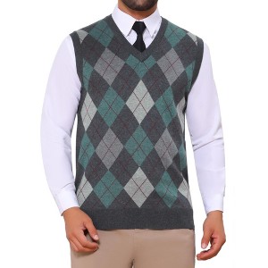 INSPIRE CHIC Men's Casual Sleeveless V-Neck Plaid Argyle Knit Sweater Vest - 1 of 4