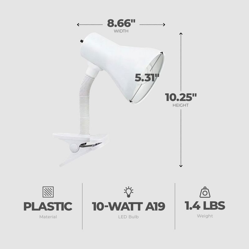 Globe Electric 10.25 Inch 10 Watt A19 Goose Neck Clip Lamp with Non Dimmable LED Bulb and Rotary On/Off Switch on Socket, White, 3 of 7
