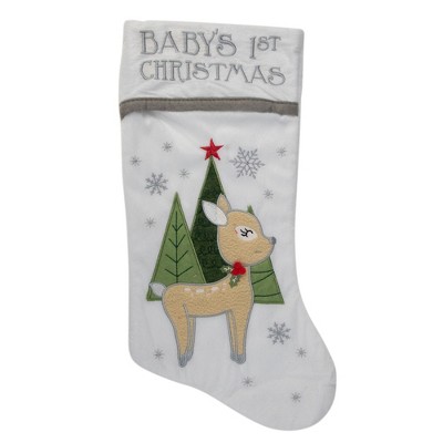 Northlight 20" White Baby's First Christmas Stocking with Baby Deer and Plush White Cuff