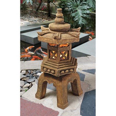 Sacred Pagoda Lantern Beige Resin Garden Statue with LED Lights