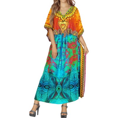 LA LEELA Women's House Daily Routine Evening Wear Loungewear Maxi Kaftan Casual Long Slit Dress Caftansuit Coverup for Women One Size Multi,Abstract