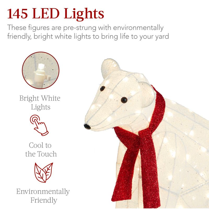 Best Choice Products Large Lighted Polar Bear Family w/ 145 Pre-Strung LED Lights, Zip Ties, Ground Stakes - Red/White, 3 of 8