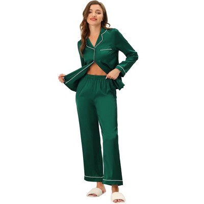 cheibear Women's Satin Button Down Lounge Tops and Pants Sleepwear Pajama Set