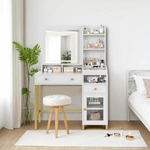 Dressing table with mirror, light and charging station, large makeup table with drawers and storage shelves - 1 of 4