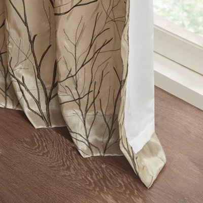 White Faux Silk Embroidered Branch Puddle Length Curtain Panel