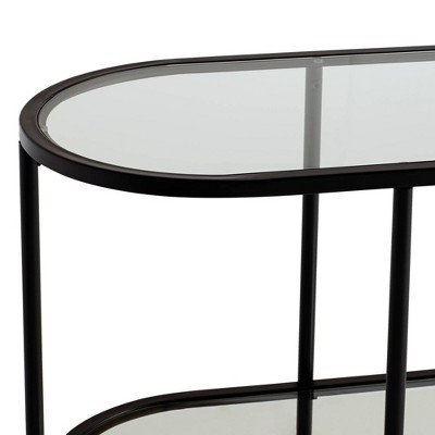 Remy Black Metal Oval Console Table with Clear Glass Shelves and Storage