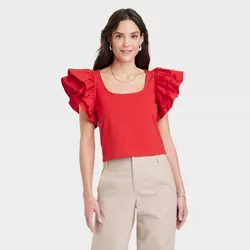 Women's Double Flutter Short Sleeve Slim Fit Top - A New Day™ Red S