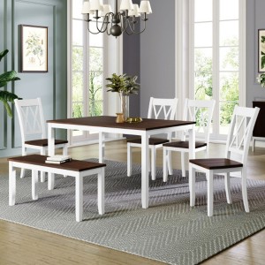6-piece Wooden Kitchen Table set, Farmhouse Rustic Dining Table set with Cross Back 4 Chairs and Bench, White+Cherry - 1 of 3
