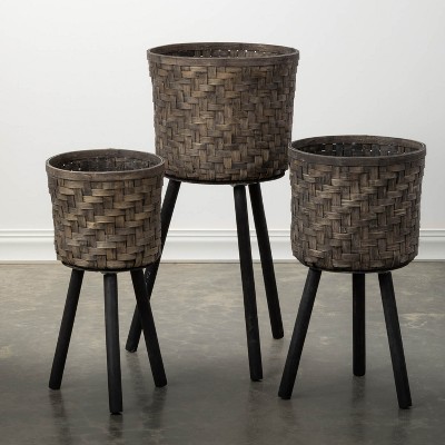 Sullivans Set Of 3 Bamboo Basket & Stand 29.5"H, 25.5"H & 21.5"H Black
