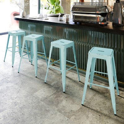 30" Distressed Green-Blue Metal Backless Bar Stool