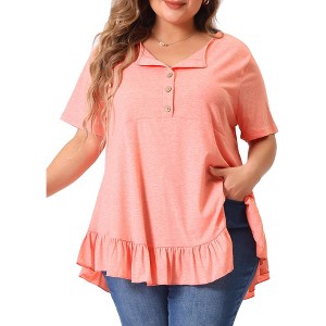 Agnes Orinda Women's Plus Size V-Neck Button-up Short Sleeve Ruffled Hem T-Shirts - 1 of 4
