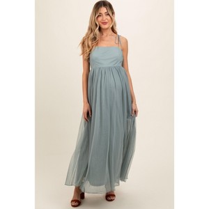 Green Square Neck Shoulder Tie Tulle Maternity Maxi Dress