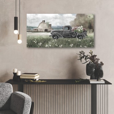 Farmhouse Gray Truck with Flowers Canvas Wall Art, 12x24