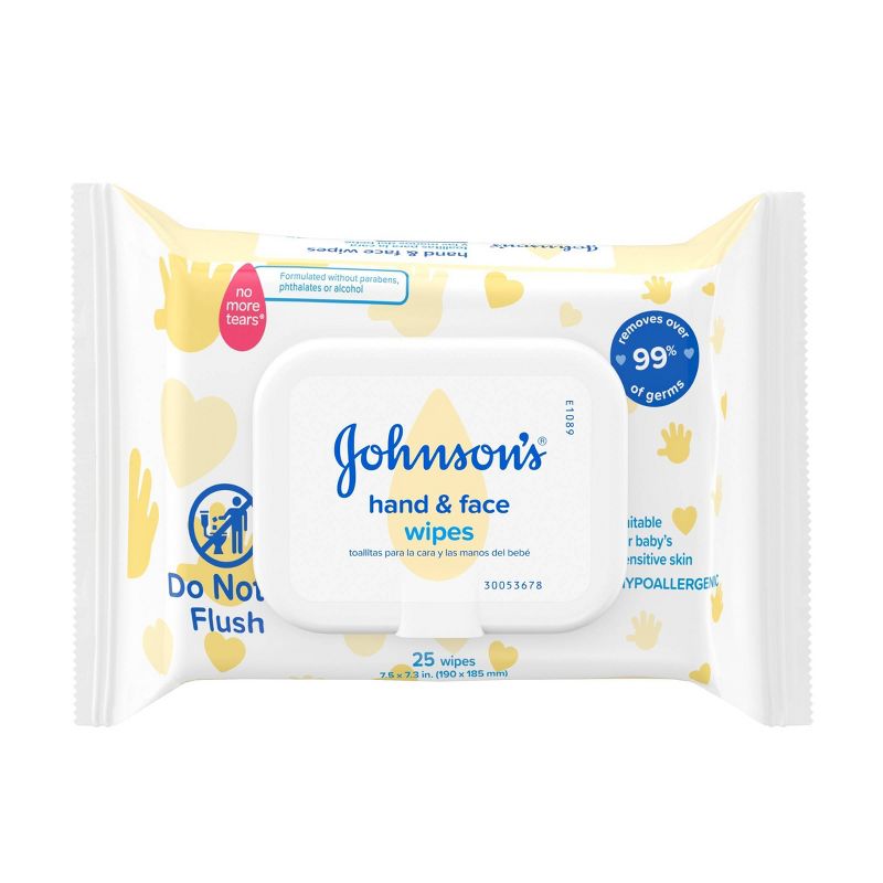 Johnson&#39;s Baby Disposable Hand &#38; Face Cleansing Wipes, Pre-Moistened Wipes, Gentle for Delicate Skin - 25ct, 1 of 8