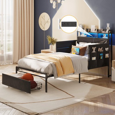 Upholstered Platform Bed Frame with Guardrail, Storage Headboard & Drawer