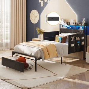 Upholstered Platform Bed Frame with Guardrail, Storage Headboard & Drawer - 1 of 4