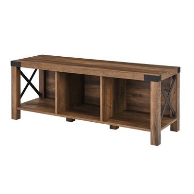 Sophie Rustic Farmhouse X Frame Entry Bench with 3 Cubbies Rustic Oak - Saracina Home