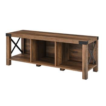 Sophie Rustic Industrial X Frame Entry Bench with 3 Cubbies Rustic Oak - Saracina Home