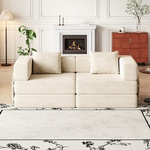 72.4 Inch Corduroy Fabric Convertible Folding Sofa Bed with Two Side Storage Pockets, Two Cushions Included, Space-Saving for Living Room, Bedroom - 1 of 4