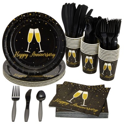 Blue Panda 144 Piece Happy Anniversary Party Bundle, Includes Plates, Napkins, Cups, and Cutlery, Serves 24 Guests