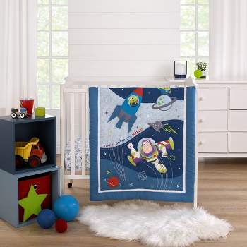 Disney Toy Story Outta This World Blue, Red, and Green 3 Piece Nursery Mini Crib Bedding Set - Comforter and Two Fitted Mini Crib Sheets