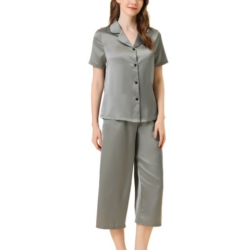 Womens Silk Pajama Short Sleeves Top Long Pants