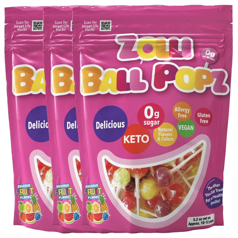 Zolli Ball Popz Sugar Free Candy Lollipops - 5.2oz/3pk: Kosher, Non-GMO, Ready to Eat, Fruit Flavors