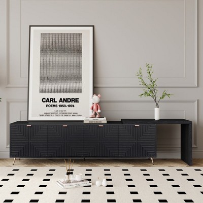 Chic Crate-Extendable Media Console – Black Lacquered Wood TV Stand w/ Adjustable Shelves & Storage, Multi-Room Furniture
