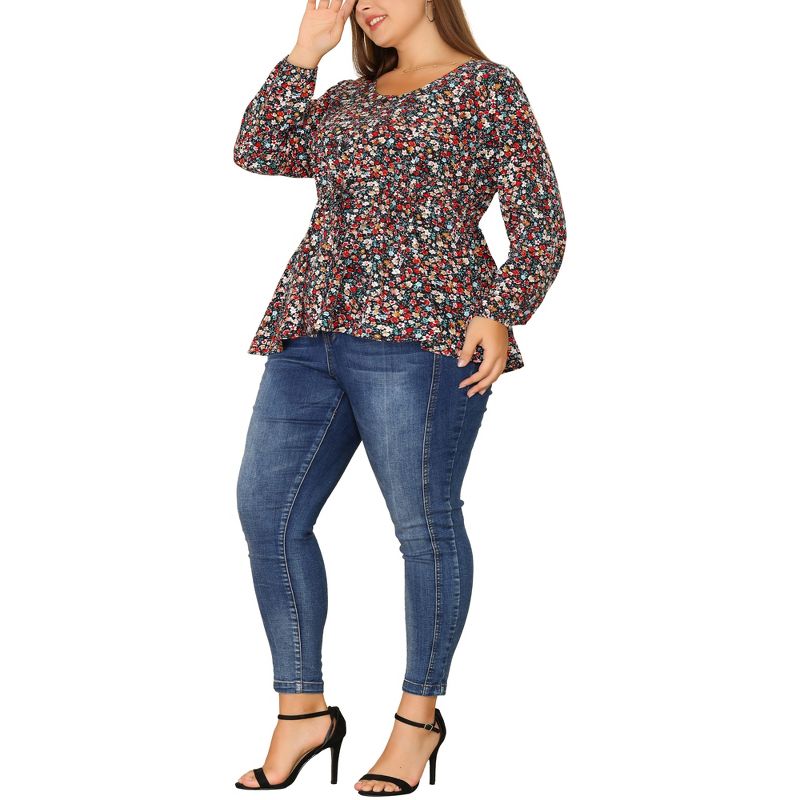 Agnes Orinda Women's Plus Size Round Neck Button Up Puff Floral Long Sleeve Casual Peplum Blouses, 2 of 6