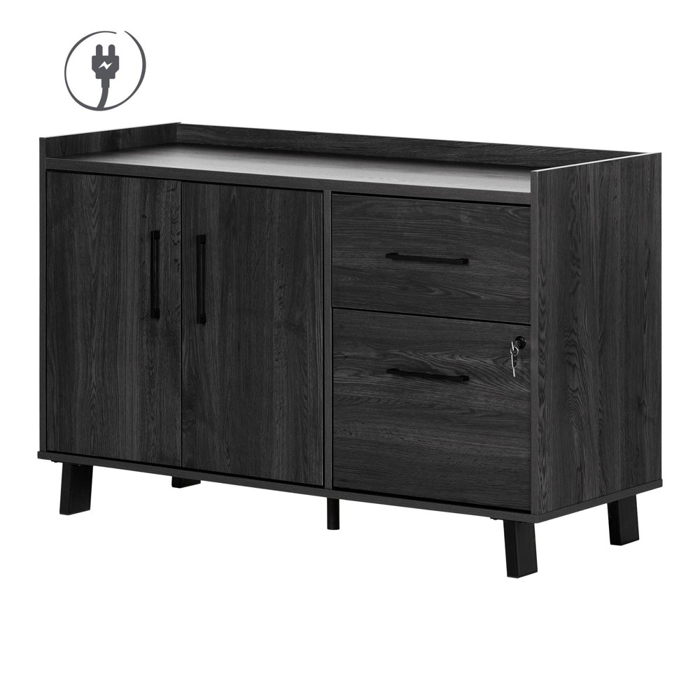 South Shore 30.25" Kozack 2 Door Credenza with Drawers Gray Oak: Lockable File Storage, Adjustable Shelf, Metal Legs