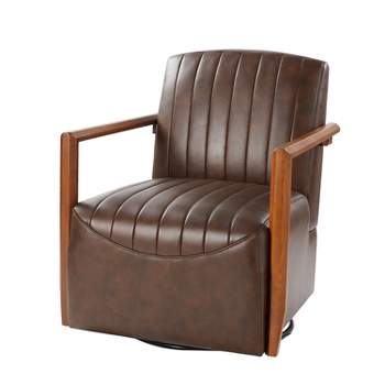 Sara Mid-century Genuine Leather Swivel Chair with Wooden Arms for Living Room| Artful Living Design