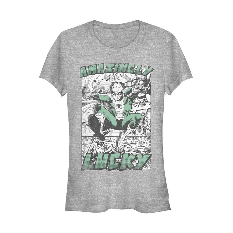 Juniors Womens Marvel St. Patrick's Day Spider-Man Vintage Amazingly Lucky T-Shirt, 1 of 4
