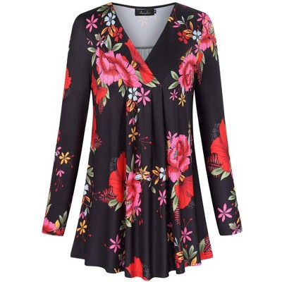 Plus Size Women's V-Neck Long Sleeve T-Shirt with Ruffle Detail Stretchy Soft Printed Blouse Fall Winter Tops XL to 5XL