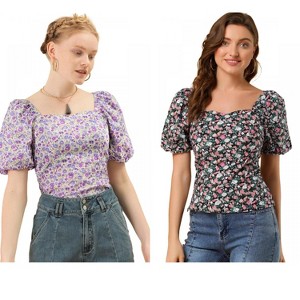 Allegra K Women's Puff Sleeve Square Neck Peasant Floral Blouse 2 Packs - 1 of 4