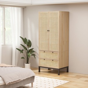 Brafabhome Modern Wood Armoire Wardrobe Closet with 2 Doors, Freestanding Wardrobe Clothes Cabinet with Drawers and Hanging Rod for Bedroom | White - 1 of 4