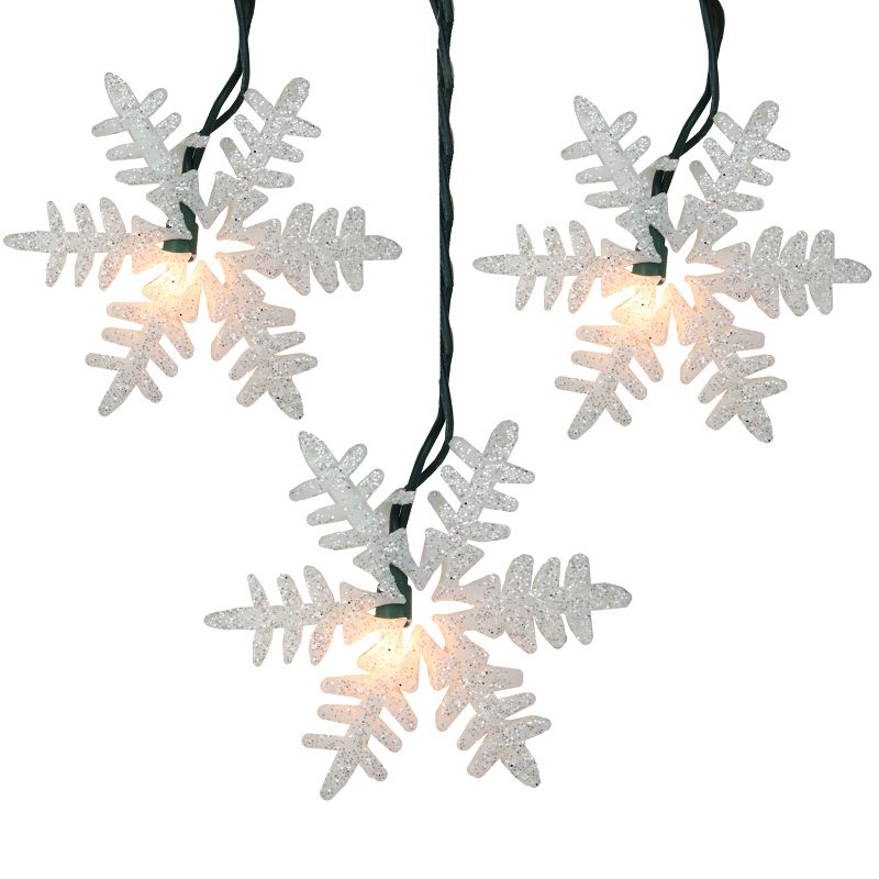 Northlight 10-Count White Glittered Snowflake Christmas Light Set, 6ft Green Wire, 2 of 3