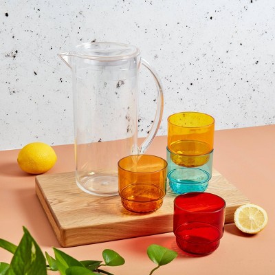 Clear Acrylic Pitcher with Colorful Stacking Tumblers Set