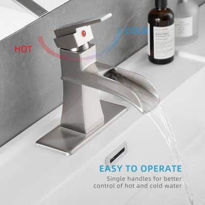 DOMETOUR Sink Faucet Waterfall Brushed w/ Pop-Up Drain & Supply Lines, 1 Hole Single Handle Vanity Bath Mixer Tap