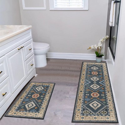 TOBILI Kitchen Rugs Sets 2 Piece,Non Slip Kitchen Rugs and Mats Non Skid Washable, Bohemian Kitchen Floor Mat Farmhouse for Hallway Entryway,Dark blue