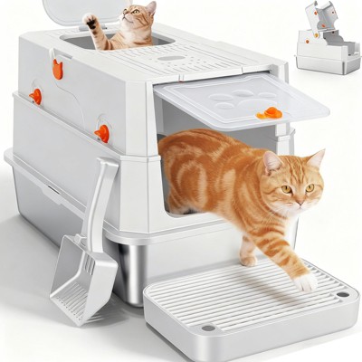 JOEJOY Premium Stainless Steel Litter Box, Triple Filter System & Charcoal Deodorizer, Extra Large Enclosed Potty Tray for Fat Cats & Multiple Cats