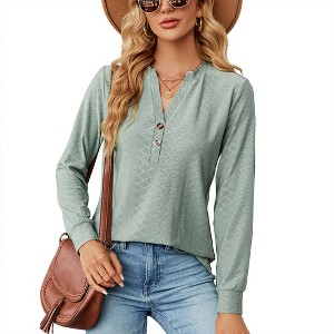 Womens Long Sleeve Button V Neck T-shirt Fall Causal Loose Solid Color Shirt Fashion Top Blouse Green M - 1 of 4