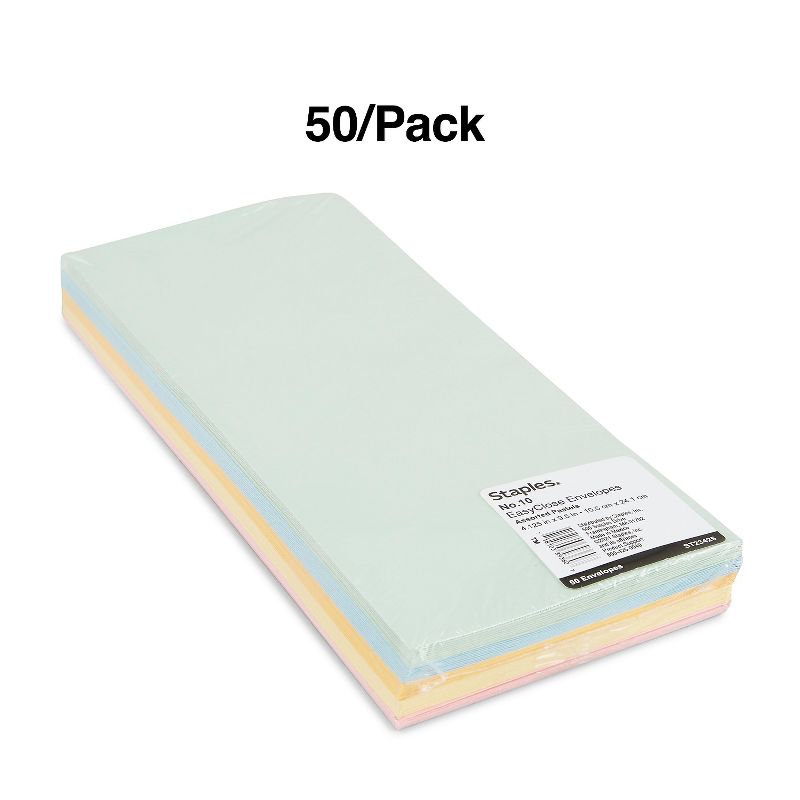 MyOfficeInnovations EasyClose Pastel Color #10 Envelopes 4 1/8"H x 9 1/2"W Assorted 50/PK 122726, 4 of 5