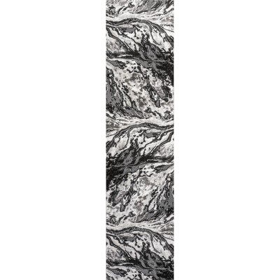Ivory and Black Abstract Marbled Runner Rug