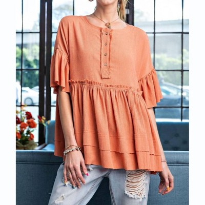 Women's Crinkled Henley Tunic Top - Easel