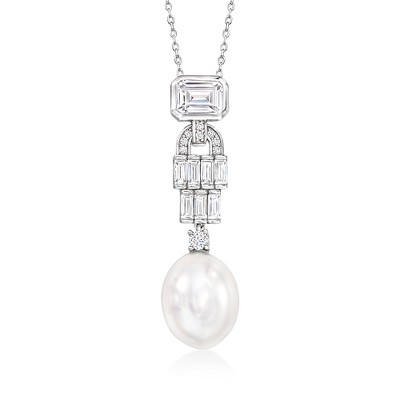 Ross-Simons 12-12.5mm Shell Pearl and 2.70 ct. t.w. CZ Vintage-Style Pendant Necklace in Sterling Silver Size 18